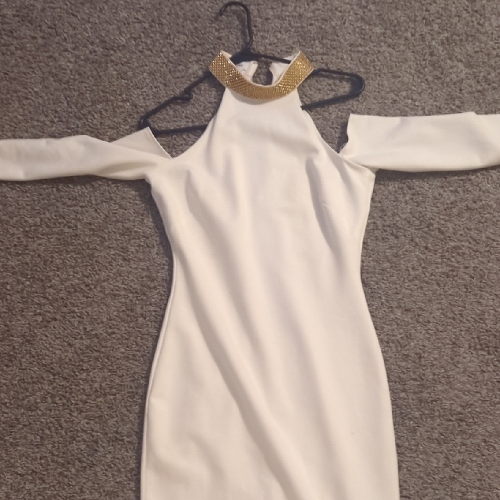 Bebe White Long Sleeve Bodycon Dress Halter Neckline